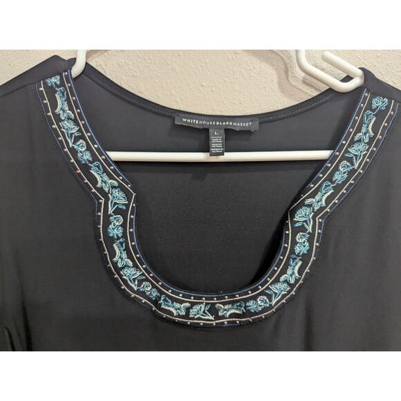 Black tunic style peasant top w/bell sleeves & teal ribbon trim size Large - Picture 6 of 11
